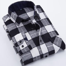 Load image into Gallery viewer, Men's Long Sleeve Brushed Checkered Plaid Shirt Patch Left Pocket Classic Casual Standard-Fit Comfortable and Soft Dress Shirts