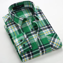 Load image into Gallery viewer, Men's Long Sleeve Brushed Checkered Plaid Shirt Patch Left Pocket Classic Casual Standard-Fit Comfortable and Soft Dress Shirts