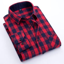 Load image into Gallery viewer, Men's Long Sleeve Brushed Checkered Plaid Shirt Patch Left Pocket Classic Casual Standard-Fit Comfortable and Soft Dress Shirts