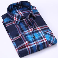 Load image into Gallery viewer, Men's Long Sleeve Brushed Checkered Plaid Shirt Patch Left Pocket Classic Casual Standard-Fit Comfortable and Soft Dress Shirts