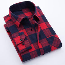 Load image into Gallery viewer, Men's Long Sleeve Brushed Checkered Plaid Shirt Patch Left Pocket Classic Casual Standard-Fit Comfortable and Soft Dress Shirts
