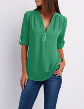 Load image into Gallery viewer, Women's Shirt V Neck Zipper Solid Color Long SLeeve Blouse Casual Loose Womens Tops and Blouses Blusas Chiffon Roupa Feminina