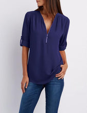 Load image into Gallery viewer, Women's Shirt V Neck Zipper Solid Color Long SLeeve Blouse Casual Loose Womens Tops and Blouses Blusas Chiffon Roupa Feminina