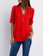Load image into Gallery viewer, Women's Shirt V Neck Zipper Solid Color Long SLeeve Blouse Casual Loose Womens Tops and Blouses Blusas Chiffon Roupa Feminina