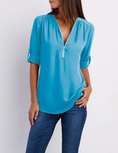 Load image into Gallery viewer, Women's Shirt V Neck Zipper Solid Color Long SLeeve Blouse Casual Loose Womens Tops and Blouses Blusas Chiffon Roupa Feminina