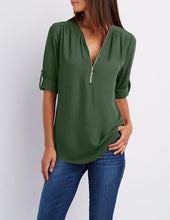 Load image into Gallery viewer, Women's Shirt V Neck Zipper Solid Color Long SLeeve Blouse Casual Loose Womens Tops and Blouses Blusas Chiffon Roupa Feminina
