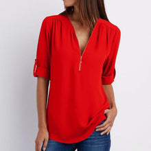 Load image into Gallery viewer, Women's Shirt V Neck Zipper Solid Color Long SLeeve Blouse Casual Loose Womens Tops and Blouses Blusas Chiffon Roupa Feminina