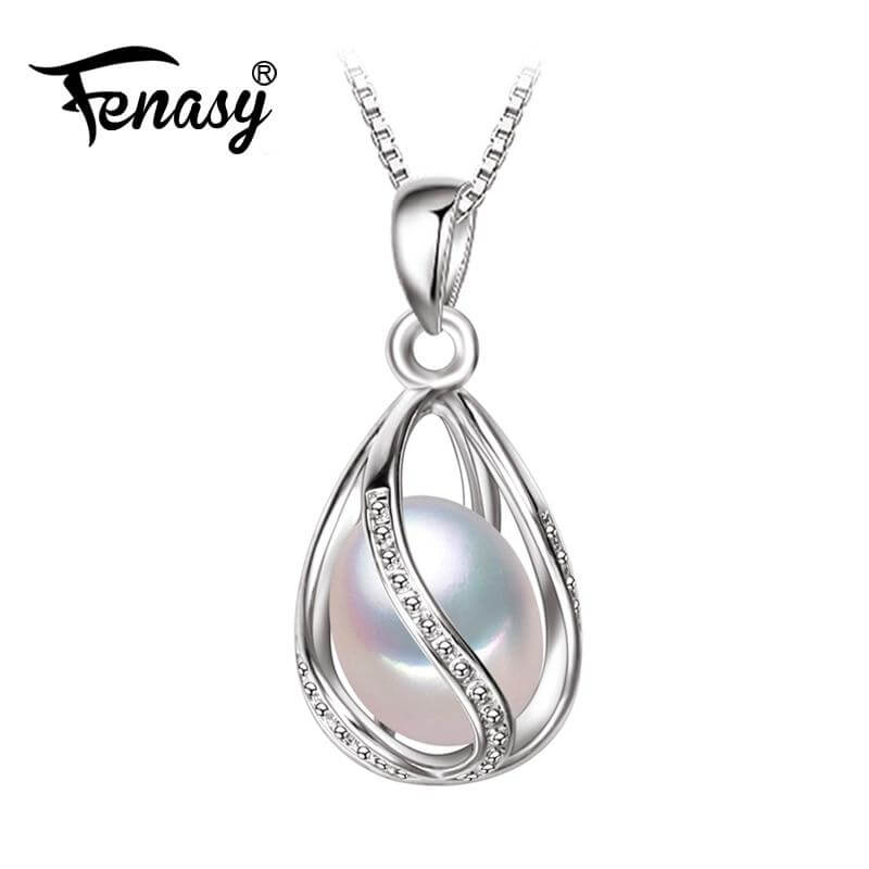 FENASY Pearl Jewelry,natural Pearl Pendant cage Necklace Party fashion style Freshwater Pearl Silver Necklace Pendant,gift box