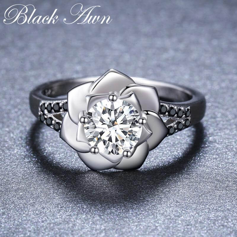 Flower 2018 New Romantic 925 Sterling Silver Fine Jewelry Engagement Black Spinel Engagement  Ring for Women Anillos Mujer G073