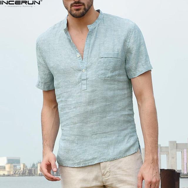 INCERUN 2018 Men's Shirts Stand Collar Short Sleeve Button Casual Tops Male Streetwear Loose Summer Breathable Shirt Chemise