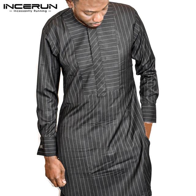 INCERUN Men Striped Long Shirt African Attire Kaftan O-neck Long Sleeve Casual Tops Men Dashiki African Clothes Hombre Plus Size