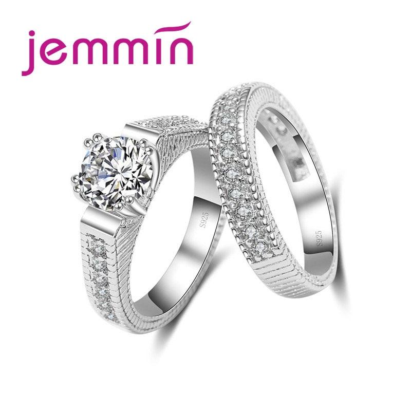 Jemmin 2pcs/lot Female Crystal White Round Ring Set Luxury 925 Silver Engagement Ring For Women Ladies Lover Party Wedding