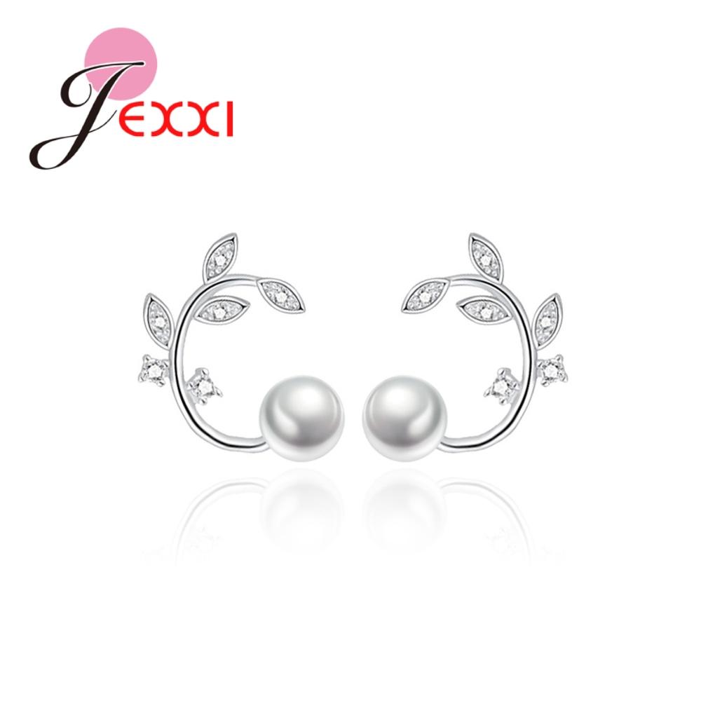 Jemmin New Wonderful White Pearl Leaves Shape Rhinestone 100% 925 Sterling Sliver High Quality Party Stud Earrings For Girls