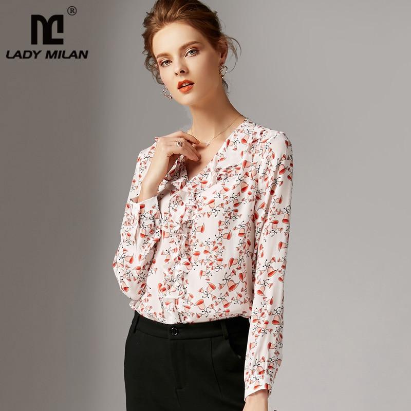 Lady Milan 100% Pure Silk Women's Runway Shirts Sexy V Neck Long Sleeves Ruffles Printed Casual Blouse Shirts