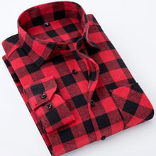 Load image into Gallery viewer, Men&#39;s Long Sleeve Brushed Checkered Plaid Shirt Patch Left Pocket Classic Casual Standard-Fit Comfortable and Soft Dress Shirts
