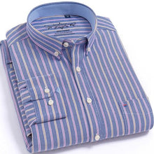 Load image into Gallery viewer, Men&#39;s Long Sleeve Plaid/Striped Oxford Dress Shirt Single Patch Pocket with Box-pleated Back Yoke Regular-fit Button Down Shirts

