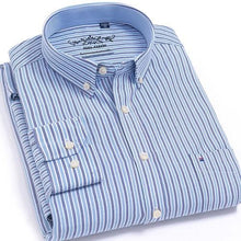 Load image into Gallery viewer, Men&#39;s Long Sleeve Plaid/Striped Oxford Dress Shirt Single Patch Pocket with Box-pleated Back Yoke Regular-fit Button Down Shirts
