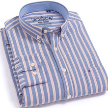 Load image into Gallery viewer, Men&#39;s Long Sleeve Plaid/Striped Oxford Dress Shirt Single Patch Pocket with Box-pleated Back Yoke Regular-fit Button Down Shirts
