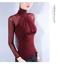Load image into Gallery viewer, Moda Jihan Women&#39;s Shirts Long Sleeve See Through Mesh Tops Turtle Neck Folded Slim Plus Size Elegant Ladies Bottoming Shirts

