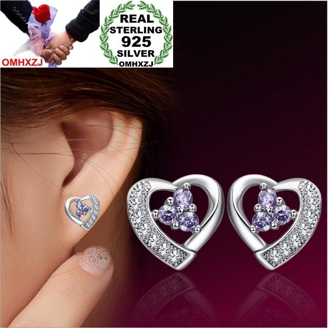 OMHXZJ Wholesale Fashion jewelry beautiful girl purple love heart Amethyst 925 sterling silver Stud earrings YS102