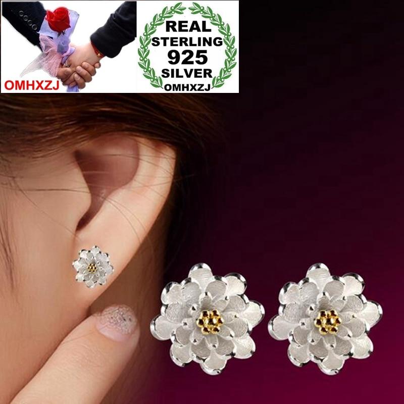 OMHXZJ Wholesale Jewelry Sweet Elegant Fashion for Woman Wedding gift Small Fresh Lotus 925 Sterling Silver Stud Earrings YS294
