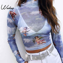 画像をギャラリービューアに読み込む, Weekeep Women Sexy Turtleneck Angle Print t shirt Perspective Mesh Long Sleeve Shirt Women Fashion Streetwear Summer Crop Top
