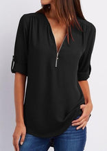 Load image into Gallery viewer, Women's Shirt V Neck Zipper Solid Color Long SLeeve Blouse Casual Loose Womens Tops and Blouses Blusas Chiffon Roupa Feminina
