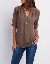 Load image into Gallery viewer, Women's Shirt V Neck Zipper Solid Color Long SLeeve Blouse Casual Loose Womens Tops and Blouses Blusas Chiffon Roupa Feminina
