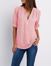 Load image into Gallery viewer, Women's Shirt V Neck Zipper Solid Color Long SLeeve Blouse Casual Loose Womens Tops and Blouses Blusas Chiffon Roupa Feminina
