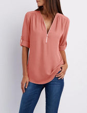 Load image into Gallery viewer, Women's Shirt V Neck Zipper Solid Color Long SLeeve Blouse Casual Loose Womens Tops and Blouses Blusas Chiffon Roupa Feminina
