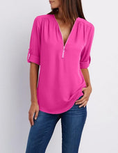 Load image into Gallery viewer, Women's Shirt V Neck Zipper Solid Color Long SLeeve Blouse Casual Loose Womens Tops and Blouses Blusas Chiffon Roupa Feminina
