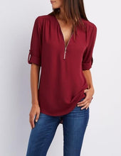 Load image into Gallery viewer, Women's Shirt V Neck Zipper Solid Color Long SLeeve Blouse Casual Loose Womens Tops and Blouses Blusas Chiffon Roupa Feminina
