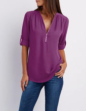 Load image into Gallery viewer, Women's Shirt V Neck Zipper Solid Color Long SLeeve Blouse Casual Loose Womens Tops and Blouses Blusas Chiffon Roupa Feminina
