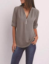 Load image into Gallery viewer, Women's Shirt V Neck Zipper Solid Color Long SLeeve Blouse Casual Loose Womens Tops and Blouses Blusas Chiffon Roupa Feminina
