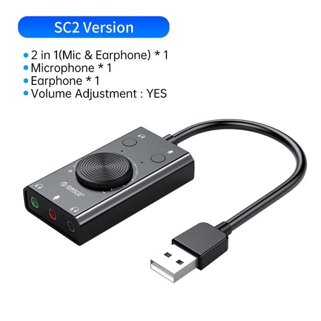 ORICO Portable USB External Sound Card Microphone Earphone Two in One With 3 Port Output Volume Adjustable For Windows Mac Linux