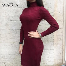 Load image into Gallery viewer, WAQIA Women Autumn Winter Sweater Knitted Dresses Slim Elastic Turtleneck Long Sleeve Sexy Lady Bodycon Robe Dresses Vestidos
