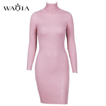 Load image into Gallery viewer, WAQIA Women Autumn Winter Sweater Knitted Dresses Slim Elastic Turtleneck Long Sleeve Sexy Lady Bodycon Robe Dresses Vestidos
