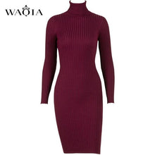 Load image into Gallery viewer, WAQIA Women Autumn Winter Sweater Knitted Dresses Slim Elastic Turtleneck Long Sleeve Sexy Lady Bodycon Robe Dresses Vestidos
