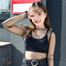 Load image into Gallery viewer, spring Summer Women Lace Blouses Shirt Women tops Sexy mesh Blouses See-through Long Sleeve Black Dot Star Striped Shirt Blouse
