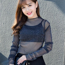 Load image into Gallery viewer, spring Summer Women Lace Blouses Shirt Women tops Sexy mesh Blouses See-through Long Sleeve Black Dot Star Striped Shirt Blouse
