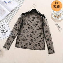 Load image into Gallery viewer, spring Summer Women Lace Blouses Shirt Women tops Sexy mesh Blouses See-through Long Sleeve Black Dot Star Striped Shirt Blouse
