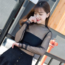 Load image into Gallery viewer, spring Summer Women Lace Blouses Shirt Women tops Sexy mesh Blouses See-through Long Sleeve Black Dot Star Striped Shirt Blouse
