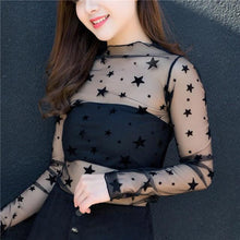 Load image into Gallery viewer, spring Summer Women Lace Blouses Shirt Women tops Sexy mesh Blouses See-through Long Sleeve Black Dot Star Striped Shirt Blouse
