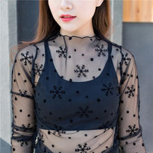 Load image into Gallery viewer, spring Summer Women Lace Blouses Shirt Women tops Sexy mesh Blouses See-through Long Sleeve Black Dot Star Striped Shirt Blouse
