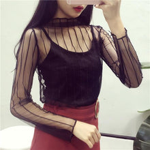 Load image into Gallery viewer, spring Summer Women Lace Blouses Shirt Women tops Sexy mesh Blouses See-through Long Sleeve Black Dot Star Striped Shirt Blouse
