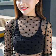 Load image into Gallery viewer, spring Summer Women Lace Blouses Shirt Women tops Sexy mesh Blouses See-through Long Sleeve Black Dot Star Striped Shirt Blouse
