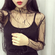 Load image into Gallery viewer, spring Summer Women Lace Blouses Shirt Women tops Sexy mesh Blouses See-through Long Sleeve Black Dot Star Striped Shirt Blouse
