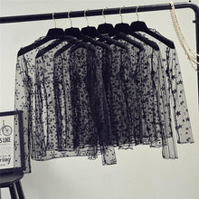 Load image into Gallery viewer, spring Summer Women Lace Blouses Shirt Women tops Sexy mesh Blouses See-through Long Sleeve Black Dot Star Striped Shirt Blouse
